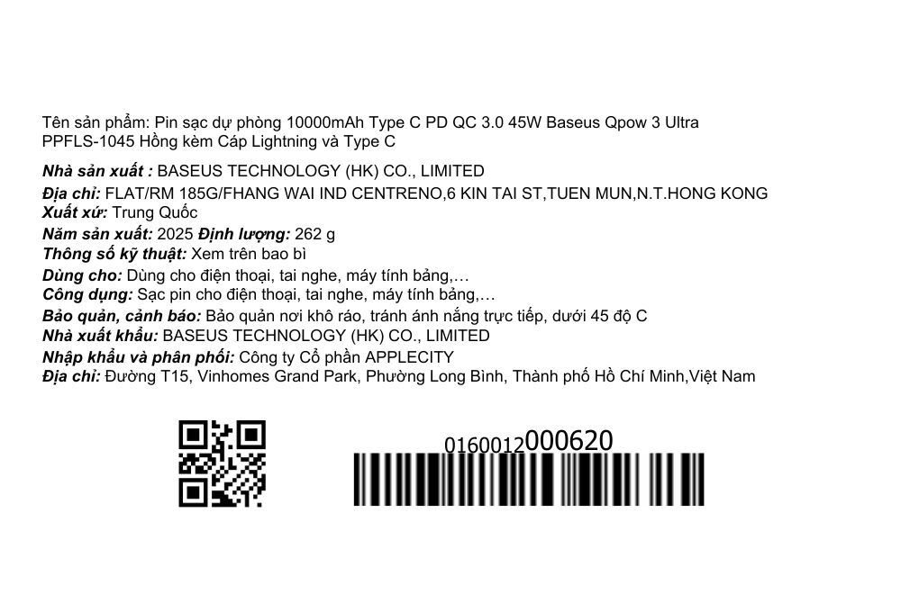 Pin sạc dự phòng 10000mAh Type C PD QC 3.0 45W Baseus Qpow 3 Ultra PPFLS-1045 kèm Cáp Lightning và Type C Màu Hồng