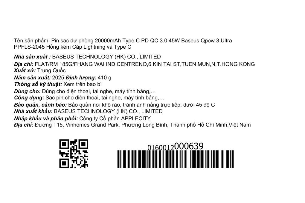 Pin sạc dự phòng 20000mAh Type C PD QC 3.0 45W Baseus Qpow 3 Ultra PPFLS-2045 kèm Cáp Lightning và Type C Màu Hồng