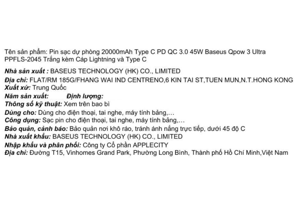 Pin sạc dự phòng 20000mAh Type C PD QC 3.0 45W Baseus Qpow 3 Ultra PPFLS-2045 kèm Cáp Lightning và Type C Màu Trắng