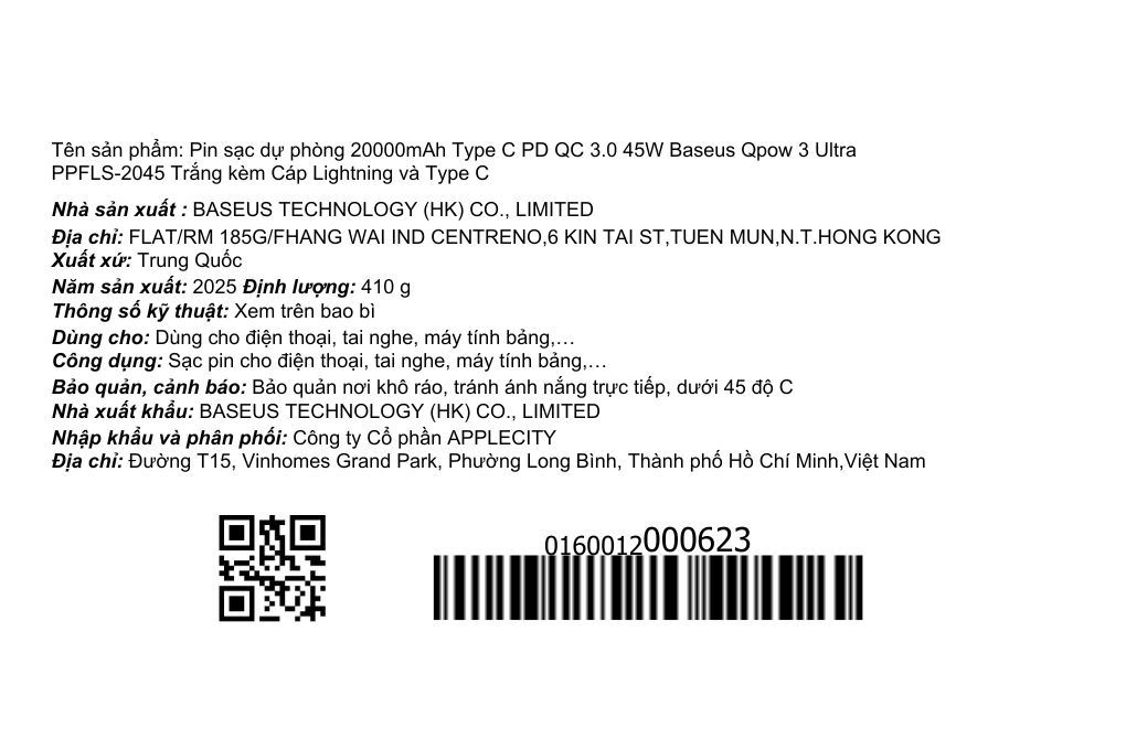 Pin sạc dự phòng 20000mAh Type C PD QC 3.0 45W Baseus Qpow 3 Ultra PPFLS-2045 kèm Cáp Lightning và Type C Màu Trắng