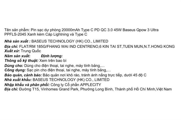 Pin sạc dự phòng 20000mAh Type C PD QC 3.0 45W Baseus Qpow 3 Ultra PPFLS-2045 kèm Cáp Lightning và Type C Màu Xanh Dương