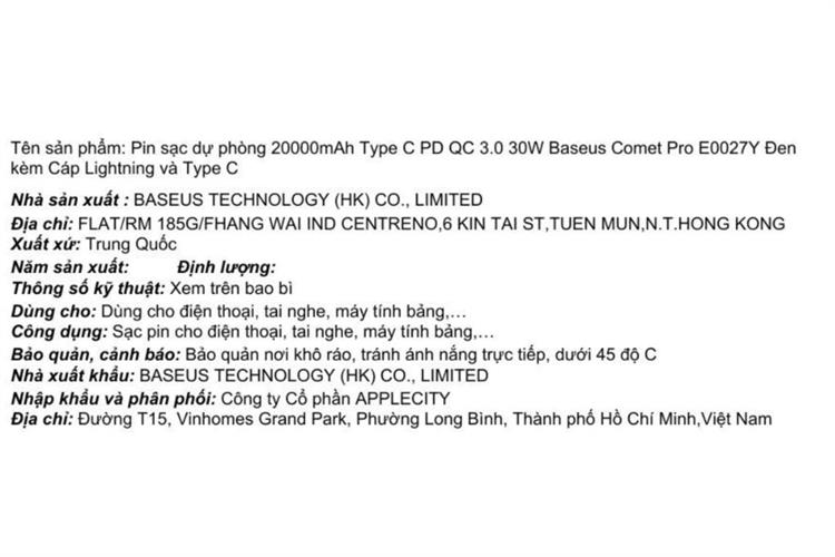 Pin sạc dự phòng 20000mAh Type C PD QC 3.0 30W Baseus Comet Pro E0027Y kèm Cáp Lightning và Type C Màu Đen