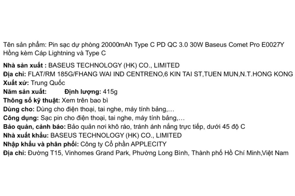 Pin sạc dự phòng 20000mAh Type C PD QC 3.0 30W Baseus Comet Pro E0027Y kèm Cáp Lightning và Type C Màu Hồng