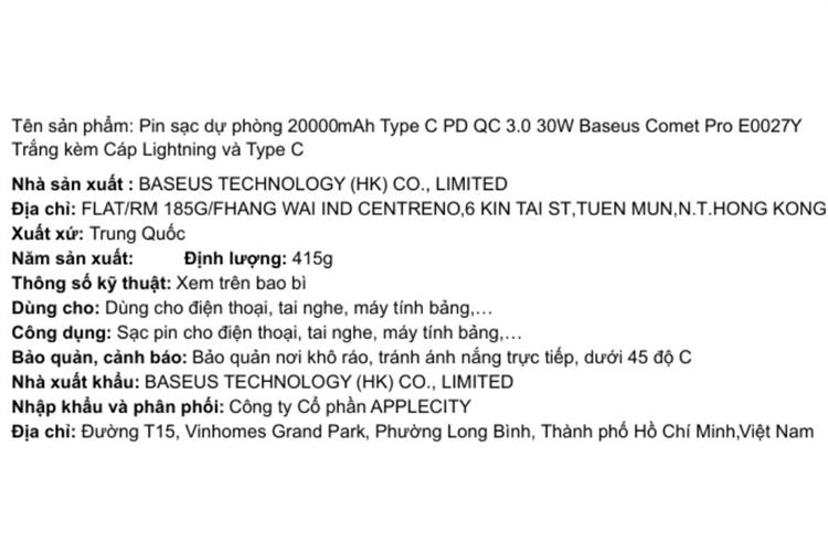 Pin sạc dự phòng 20000mAh Type C PD QC 3.0 30W Baseus Comet Pro E0027Y kèm Cáp Lightning và Type C Màu Trắng
