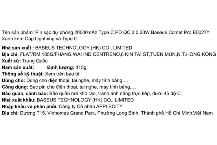 Pin sạc dự phòng 20000mAh Type C PD QC 3.0 30W Baseus Comet Pro E0027Y kèm Cáp Lightning và Type C Màu Xanh Dương