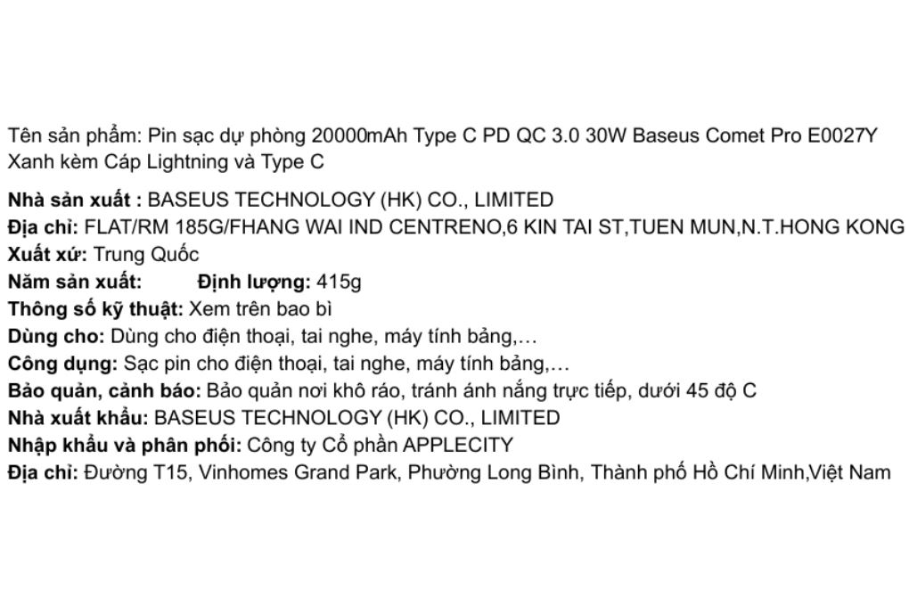 Pin sạc dự phòng 20000mAh Type C PD QC 3.0 30W Baseus Comet Pro E0027Y kèm Cáp Lightning và Type C Màu Xanh Dương