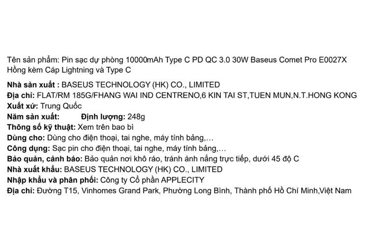 Pin sạc dự phòng 10000mAh Type C PD QC 3.0 30W Baseus Comet Pro E0027X kèm Cáp Lightning và Type C Màu Hồng