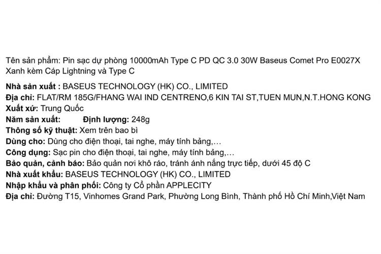 Pin sạc dự phòng 10000mAh Type C PD QC 3.0 30W Baseus Comet Pro E0027X kèm Cáp Lightning và Type C Màu Xanh Dương