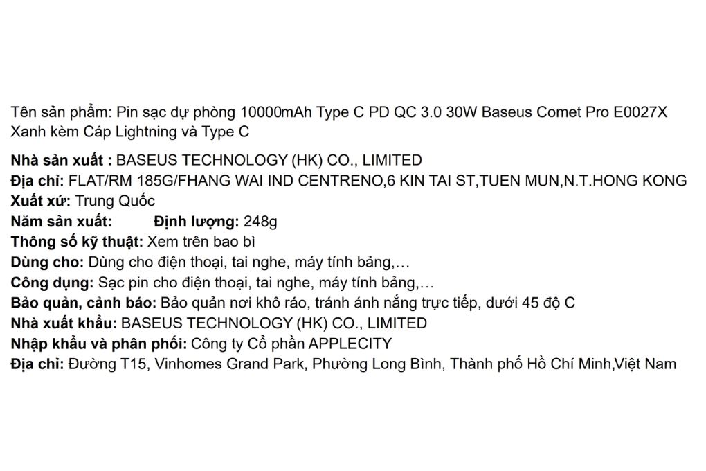 Pin sạc dự phòng 10000mAh Type C PD QC 3.0 30W Baseus Comet Pro E0027X kèm Cáp Lightning và Type C Màu Xanh Dương