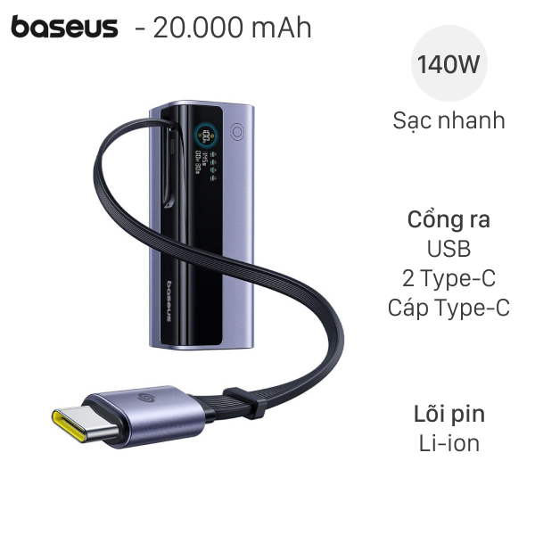 Baseus EnerGeek 145W GR11 kèm Cáp Dây Rút Type C