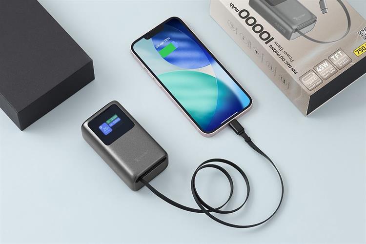 Pin sạc dự phòng 10000mAh Type C PD QC 3.0 45W Xmobile JP368 kèm Cáp Dây Rút Type C Màu Xám