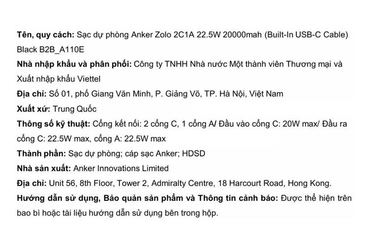 Pin sạc dự phòng Polymer 20000mAh Type C PD QC 3.0 22.5W Anker A110E kèm Cáp Type C Màu Đen