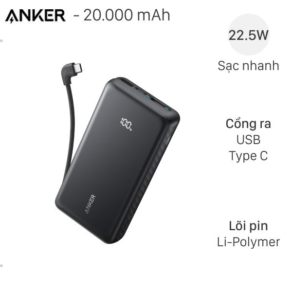 Pin sạc dự phòng Polymer 20000mAh Type C PD QC 3.0 22.5W Anker A110E kèm Cáp Type C