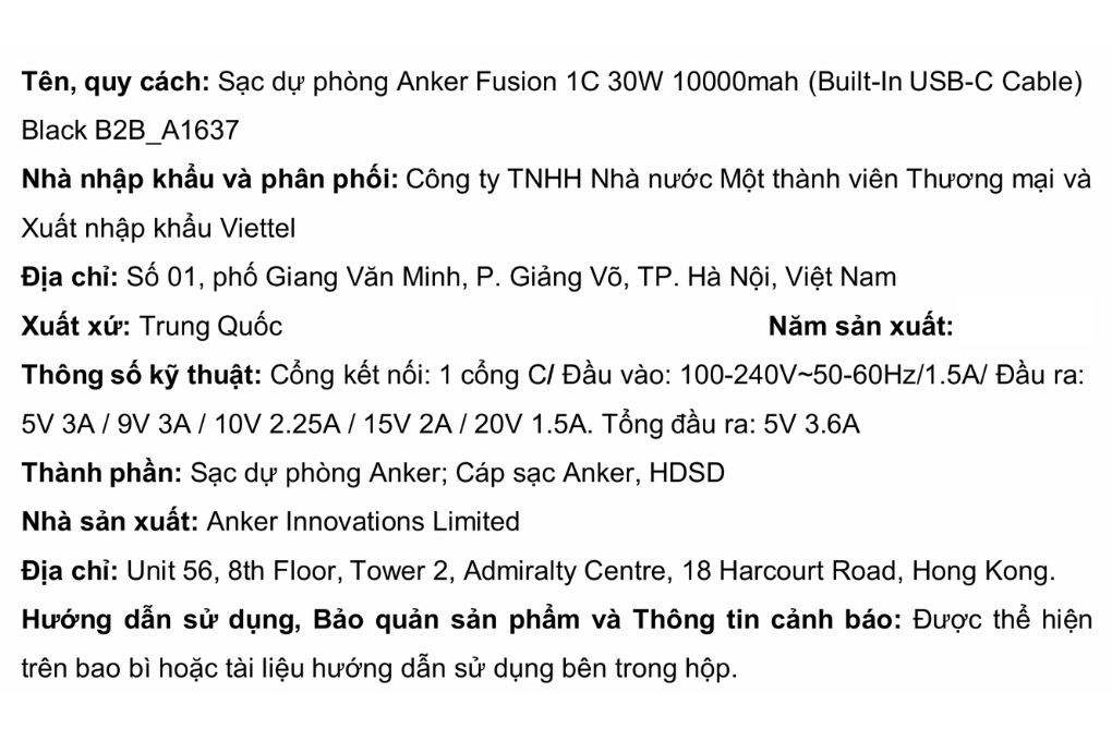Pin sạc dự phòng Polymer 10000mAh kiêm Adapter Sạc Type C PD 30W Anker A1637 kèm Cáp Type C Màu Đen
