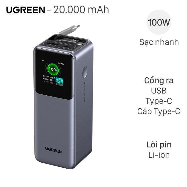 Ugreen 165W PB726 kèm Cáp dây rút Type C