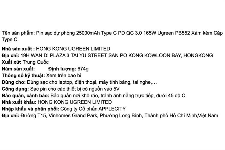 Pin sạc dự phòng 25000mAh Type C PD QC 3.0 165W Ugreen PB552 kèm Cáp Type C Màu Xám