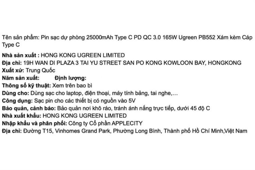 Pin sạc dự phòng 25000mAh Type C PD QC 3.0 165W Ugreen PB552 kèm Cáp Type C Màu Xám
