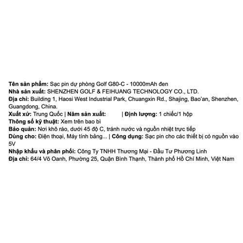Pin sạc dự phòng Polymer 10000mAh Type C 10.5W Golf G80-C Màu Đen