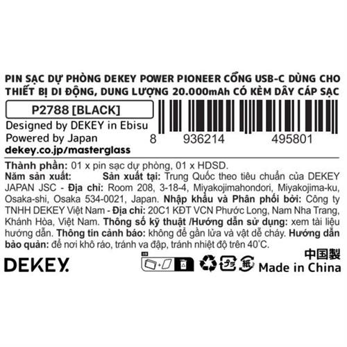 Pin sạc dự phòng Polymer 20000mAh Type-C QC 3.0 22.5W Dekey Power Pioneer P2788  kèm cáp Type-C - Đen Màu Đen