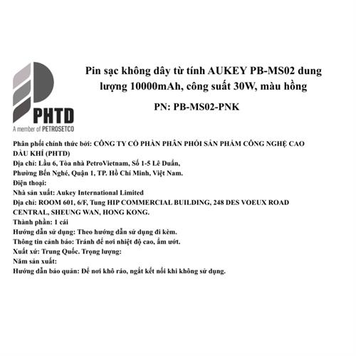 Pin sạc dự phòng Không dây Polymer 10000mAh Type C 30W Aukey PB-MS02 - Hồng Màu Hồng