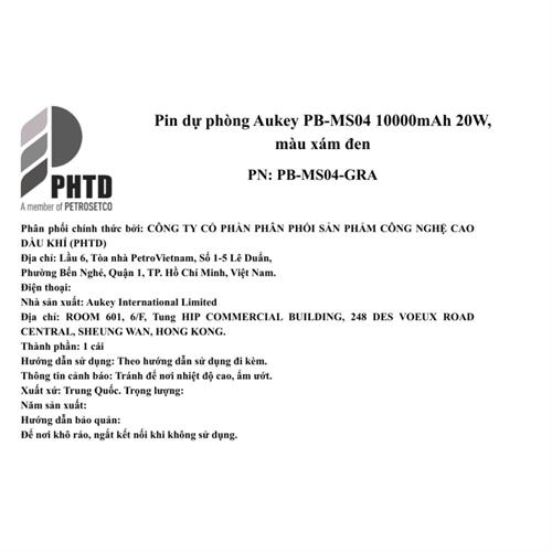 Pin sạc dự phòng Không dây Polymer 10000mAh Type C 20W Aukey PB-MS04 - Xám Đen Màu Xám