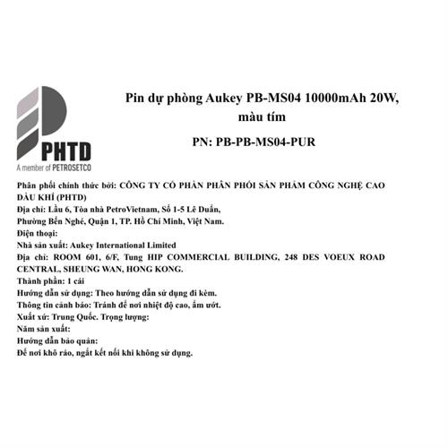 Pin sạc dự phòng Không dây Polymer 10000mAh Type C 20W Aukey PB-MS04 - Tím Màu Tím