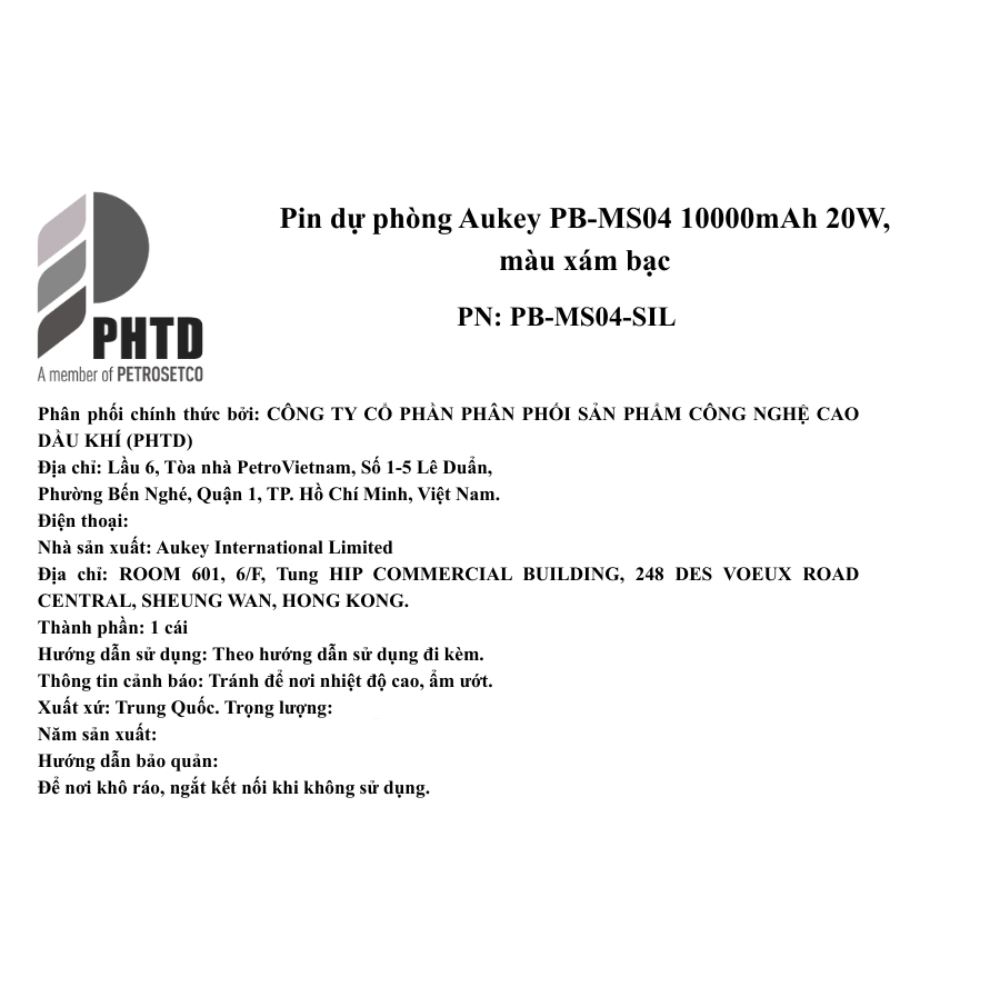 Pin sạc dự phòng Không dây Polymer 10000mAh Type C 20W Aukey PB-MS04 - Xám Bạc - 10