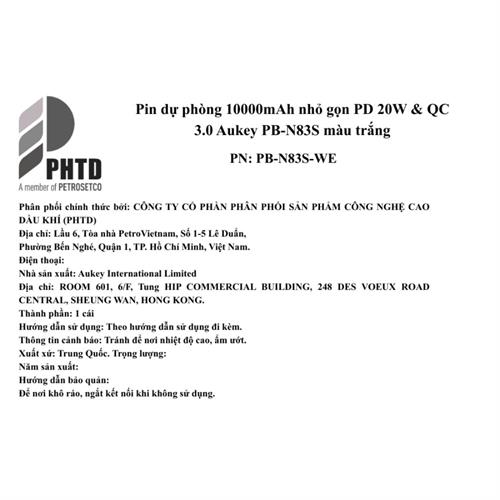 Pin sạc dự phòng Polymer 10000mAh Type C PD QC 3.0 20W Aukey PB-N83S - Trắng Màu Trắng