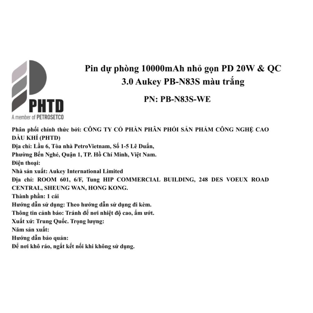 Pin sạc dự phòng Polymer 10000mAh Type C PD QC 3.0 20W Aukey PB-N83S - Trắng Màu Trắng