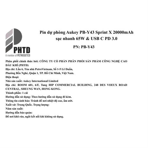 Pin sạc dự phòng Polymer 20000mAh Type C PD QC 3.0 65W Aukey PB-Y43 Sprint X Màu Xám