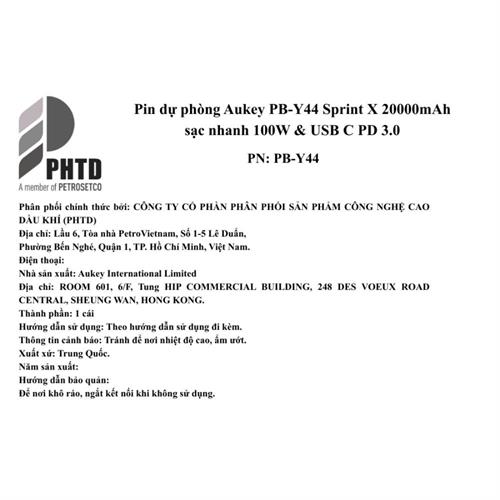 Pin sạc dự phòng Polymer 20000mAh Type C PD QC 3.0 100W Aukey PB-Y44 Sprint X Màu Xám