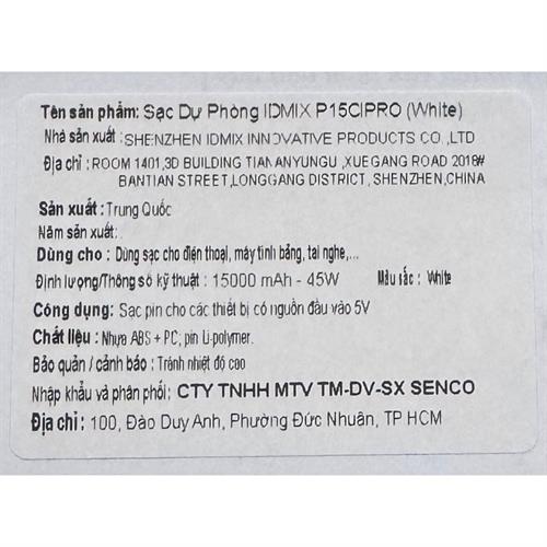 Pin sạc dự phòng Polymer 15000mAh Type C PD QC 45W IDMIX P15CIPRO kèm cáp Lightning và Type-C - Trắng Màu Trắng