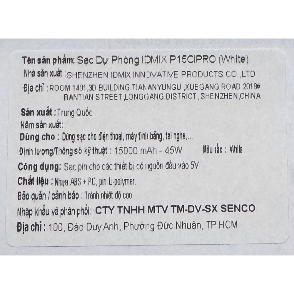 Pin sạc dự phòng Polymer 15000mAh Type C PD QC 45W IDMIX P15CIPRO kèm cáp Lightning và Type-C - Trắng Màu Trắng