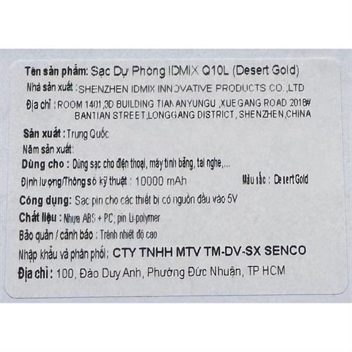 Pin sạc dự phòng Polymer 10000mAh Type C PD 36W IDMIX Q10L kèm cáp Type-C - Vàng Màu Đen - Vàng đồng