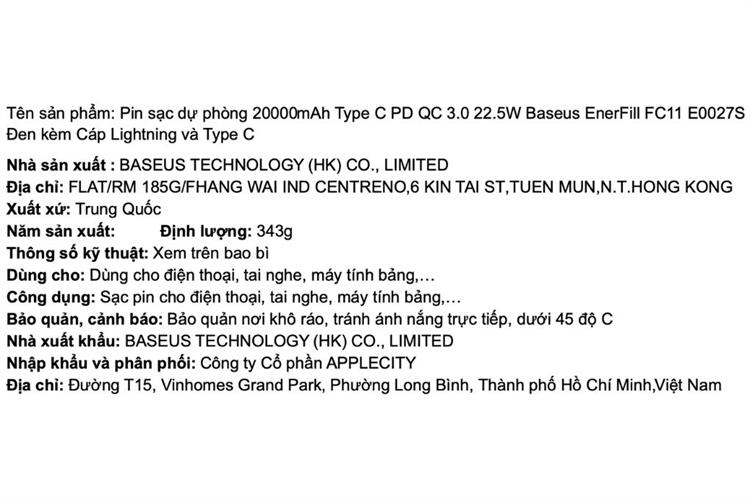 Pin sạc dự phòng 20000mAh Type C PD QC 3.0 22.5W Baseus EnerFill FC11 E0027S kèm Cáp Lightning và Type C Màu Đen