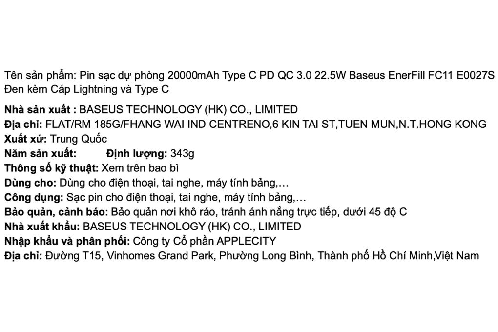 Pin sạc dự phòng 20000mAh Type C PD QC 3.0 22.5W Baseus EnerFill FC11 E0027S kèm Cáp Lightning và Type C Màu Đen