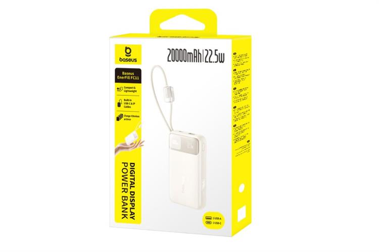 Pin sạc dự phòng 20000mAh Type C PD QC 3.0 22.5W Baseus EnerFill FC11 E0027S kèm Cáp Lightning và Type C Màu Trắng