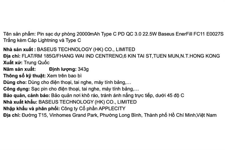 Pin sạc dự phòng 20000mAh Type C PD QC 3.0 22.5W Baseus EnerFill FC11 E0027S kèm Cáp Lightning và Type C Màu Trắng