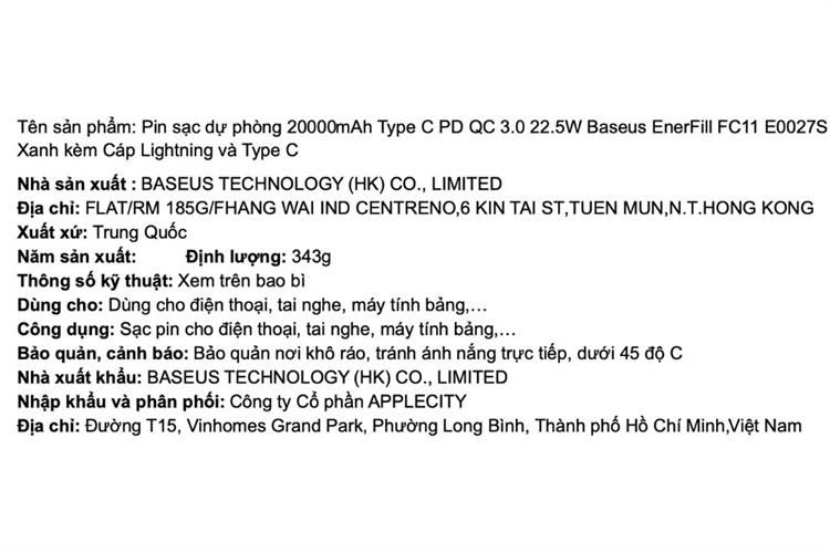 Pin sạc dự phòng 20000mAh Type C PD QC 3.0 22.5W Baseus EnerFill FC11 E0027S kèm Cáp Lightning và Type C Màu Xanh Dương