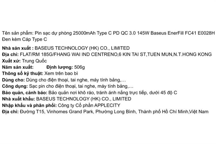 Pin sạc dự phòng 25000mAh Type C PD QC 3.0 145W Baseus EnerFill FC41 E0028H kèm Cáp Type C Màu Đen