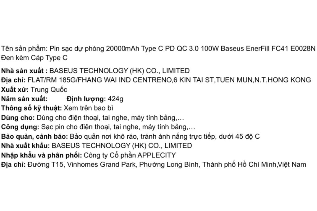 Pin sạc dự phòng 20000mAh Type C PD QC 3.0 100W Baseus EnerFill FC41 E0028N kèm Cáp Type C Màu Đen