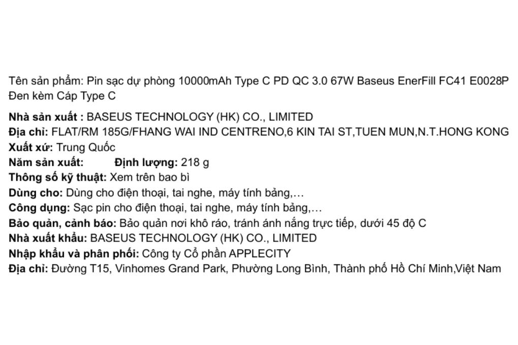 Pin sạc dự phòng 10000mAh Type C PD QC 3.0 67W Baseus EnerFill FC41 E0028P kèm Cáp Type C Màu Đen