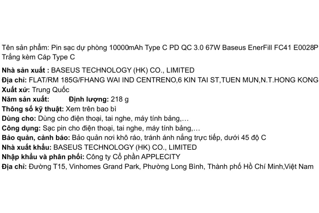 Pin sạc dự phòng 10000mAh Type C PD QC 3.0 67W Baseus EnerFill FC41 E0028P kèm Cáp Type C Màu Trắng