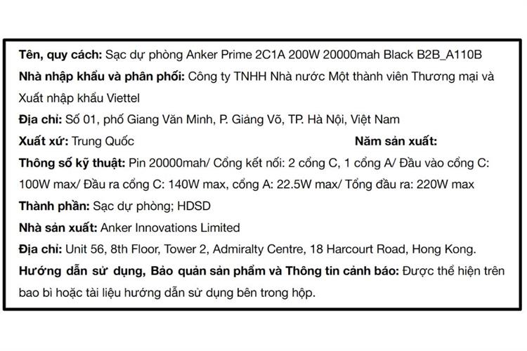 Pin sạc dự phòng 20000mAh PD QC 3.0 220W Anker Prime A110B Màu Bạc