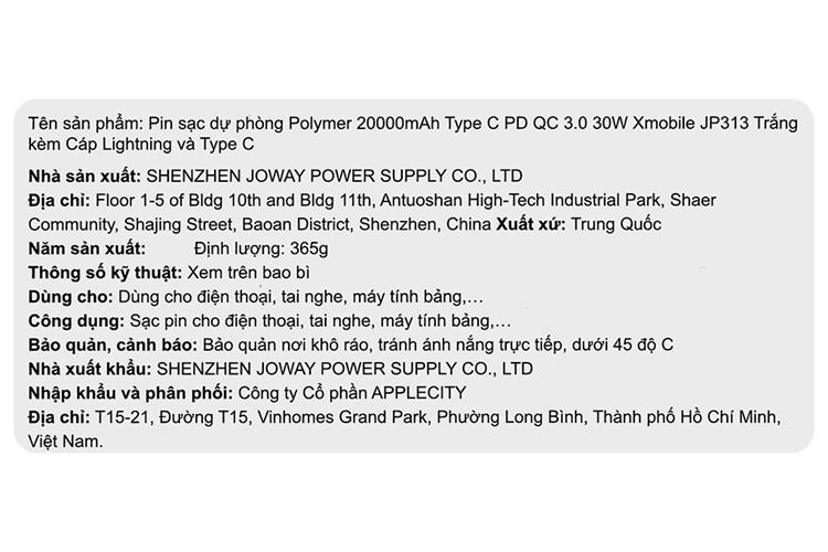 Pin sạc dự phòng Polymer 20000mAh Type C PD QC 3.0 30W Xmobile JP313 kèm Cáp Lightning và Type C Màu Trắng