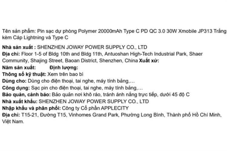 Pin sạc dự phòng Polymer 20000mAh Type C PD QC 3.0 30W Xmobile JP313 kèm Cáp Lightning và Type C Màu Trắng