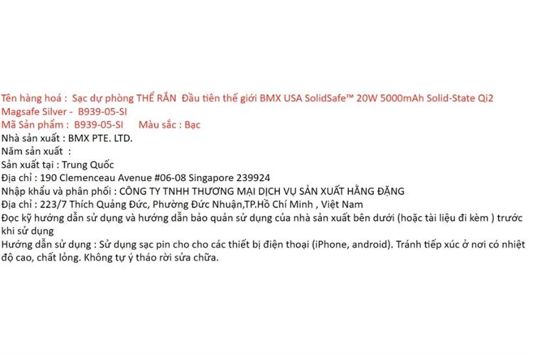 Pin sạc dự phòng Solid-state 5000mAh Không dây Magnetic Qi2 Type C PD 20W BMX B939 kèm Cáp Type C Màu Bạc