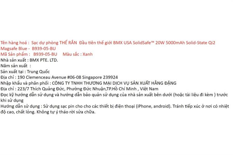 Pin sạc dự phòng Solid-state 5000mAh Không dây Magnetic Qi2 Type C PD 20W BMX B939 kèm Cáp Type C Màu Xanh Navy