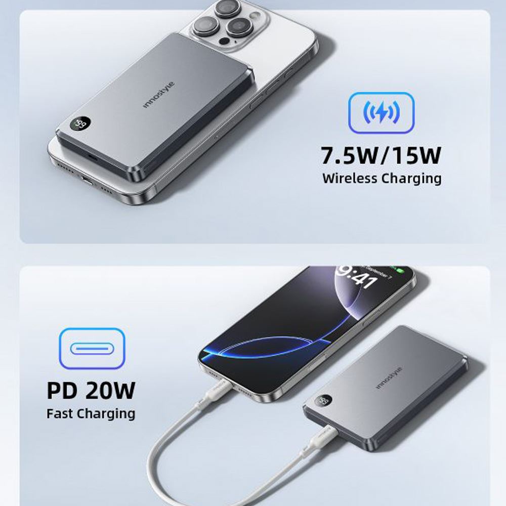 Pin sạc dự phòng Polymer 10000 mAh Type C PD 20W Innostyle IMS10KGY - Xám - Sạc 2 thiết bị cùng lúc
