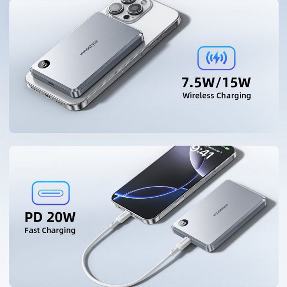 Pin sạc dự phòng Polymer 10000 mAh Type C PD 20W Innostyle IMS10KSG - Xám nhạt - 2 cách sạc